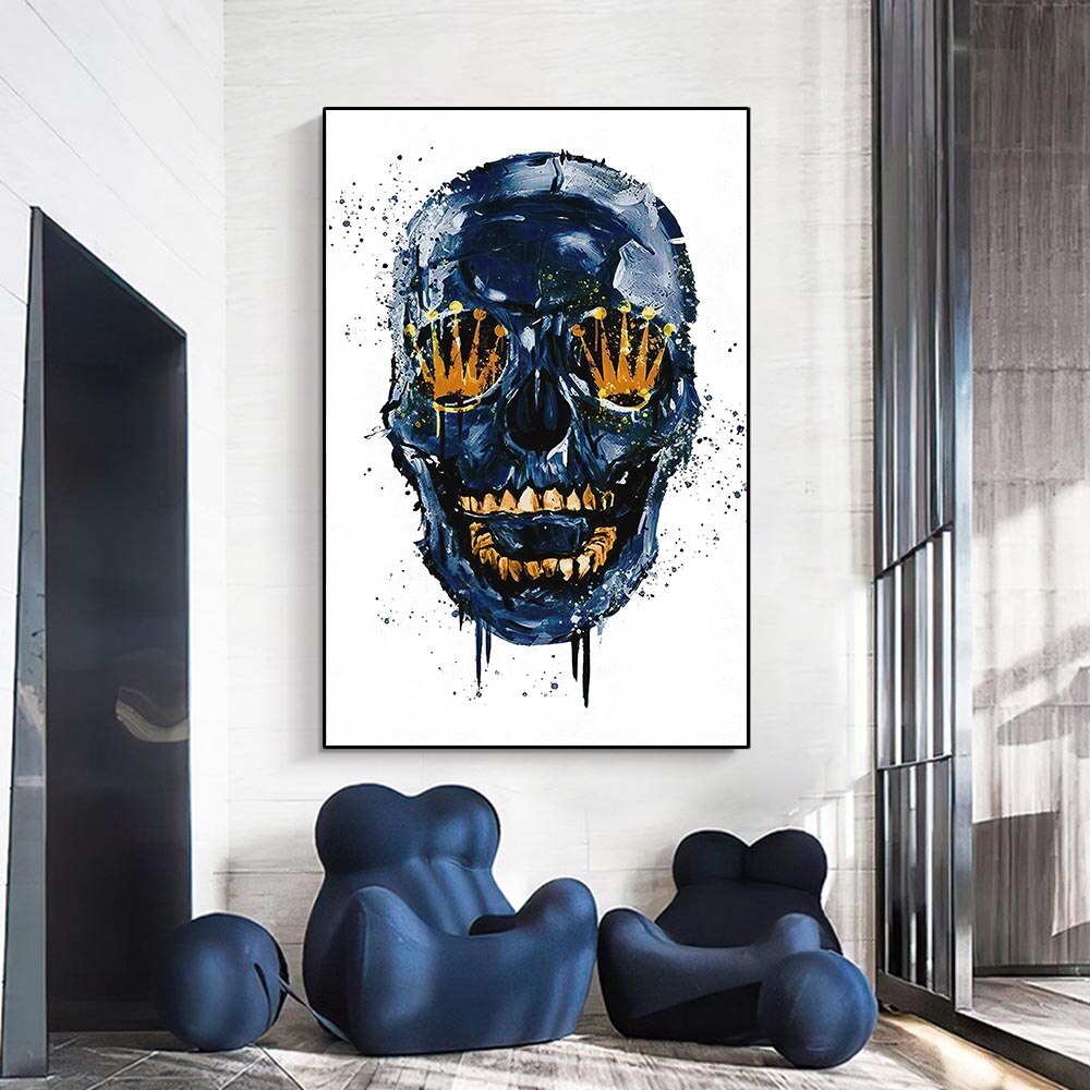 Quadro Teschio Astratto, un dipinto contemporaneo che gioca con forme e colori, ideale per arredare con un tocco di arte audace e suggestiva.