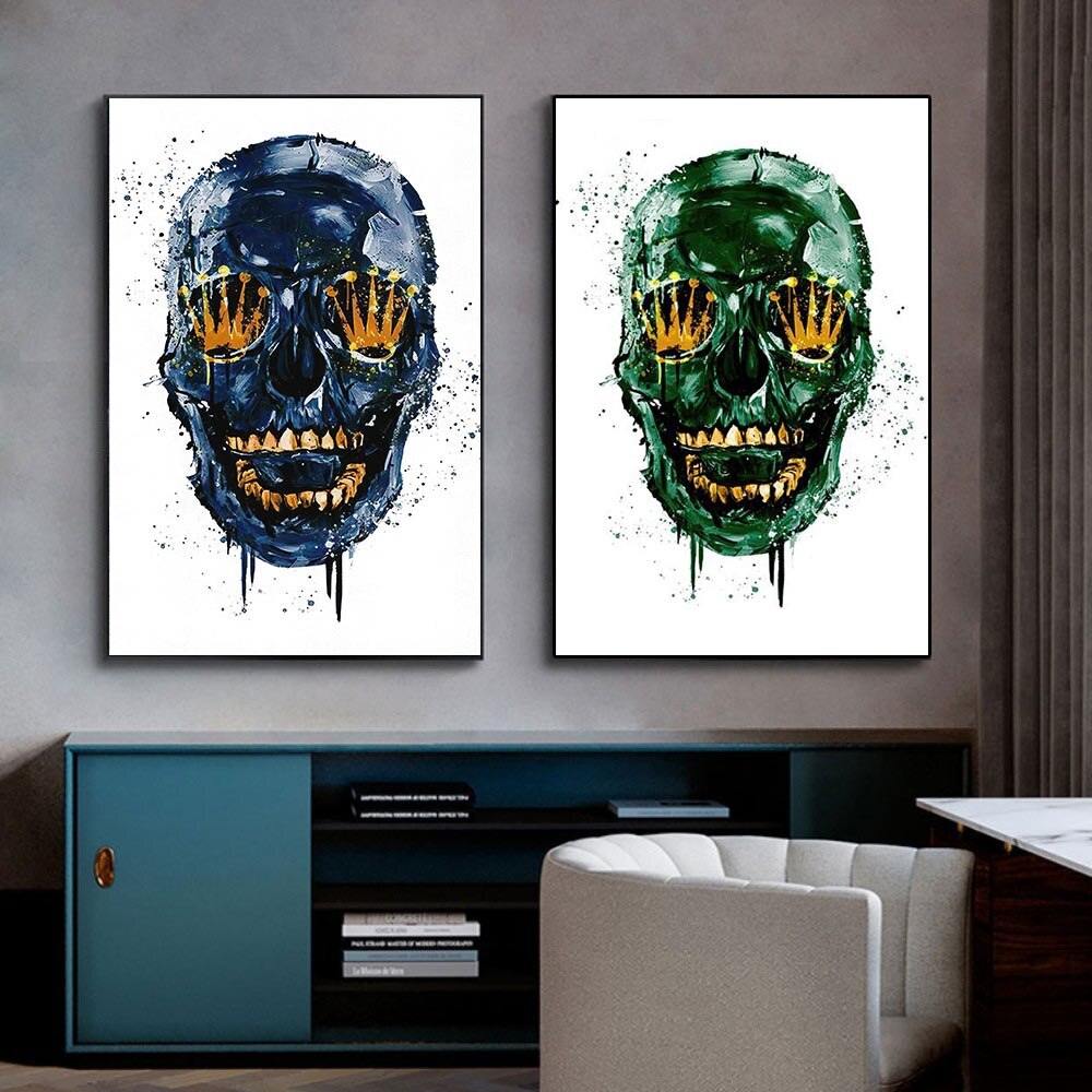 Quadro Teschio Astratto, un dipinto contemporaneo che gioca con forme e colori, ideale per arredare con un tocco di arte audace e suggestiva.