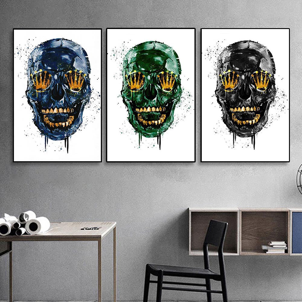 Quadro Teschio Astratto, un dipinto contemporaneo che gioca con forme e colori, ideale per arredare con un tocco di arte audace e suggestiva.