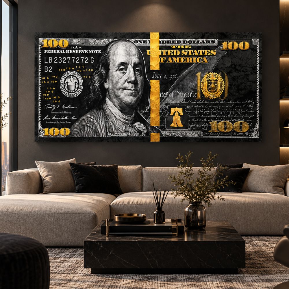 Quadro 100 Dollari Americani con Benjamin Franklin in stile nero e oro, stampa su tela moderna in soggiorno elegante