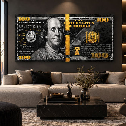 Quadro 100 Dollari Americani con Benjamin Franklin in stile nero e oro, stampa su tela moderna in soggiorno elegante