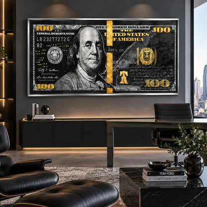 Quadro 100 Dollari Americani con Benjamin Franklin in stile nero e oro, stampa su tela moderna in soggiorno elegante con cornice argento
