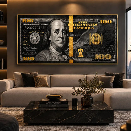 Quadro 100 Dollari Americani con Benjamin Franklin in stile nero e oro, stampa su tela moderna in soggiorno elegante con cornice oro