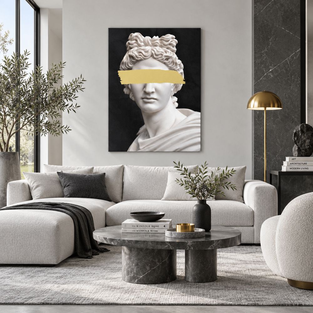 Apollo Pop Art quadro moderno su tela con statua classica bianca, dettaglio oro sugli occhi e sfondo nero per soggiorno elegante