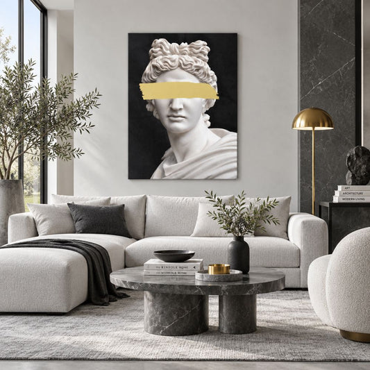 Apollo Pop Art quadro moderno su tela con statua classica bianca, dettaglio oro sugli occhi e sfondo nero per soggiorno elegante