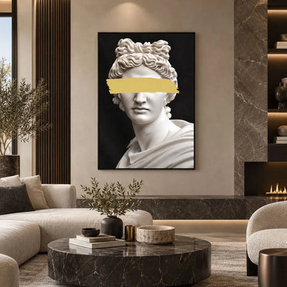 Apollo Pop Art quadro moderno su tela con cornice nera della statua classica bianca, dettaglio oro sugli occhi e sfondo nero per soggiorno elegante