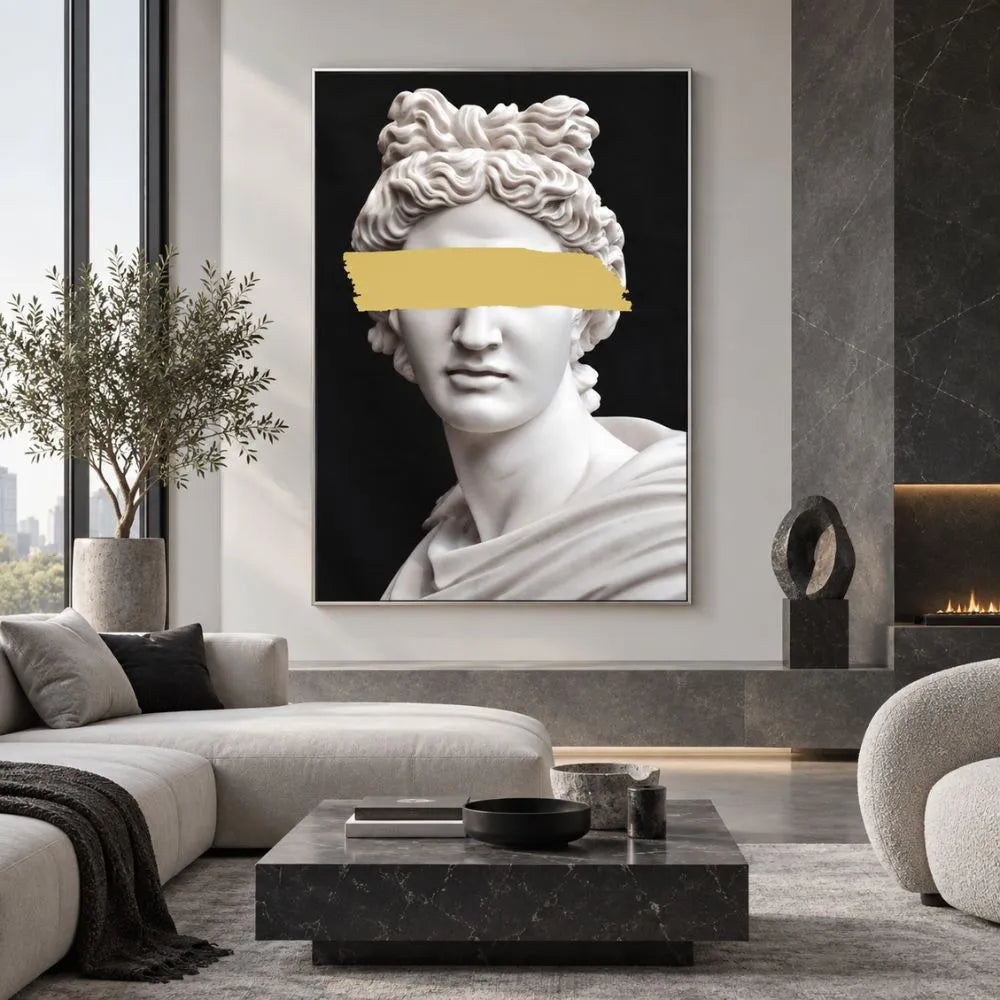 Apollo Pop Art quadro moderno su tela con cornice argento della statua classica bianca, dettaglio oro sugli occhi e sfondo nero per soggiorno elegante