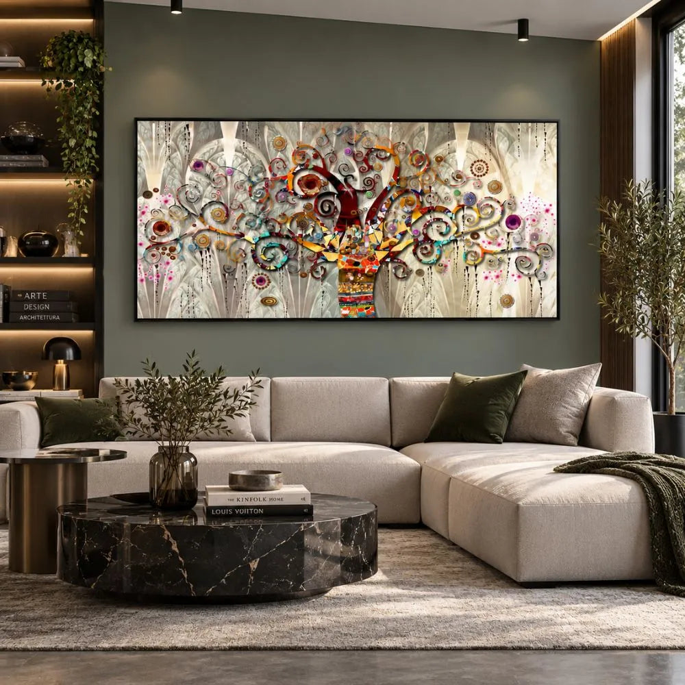 Quadro su tela con cornice nera 
Albero della Vita di Klimt, una riproduzione dell'iconico dipinto che unisce oro, natura e simbolismo, ideale per arredamenti eleganti.