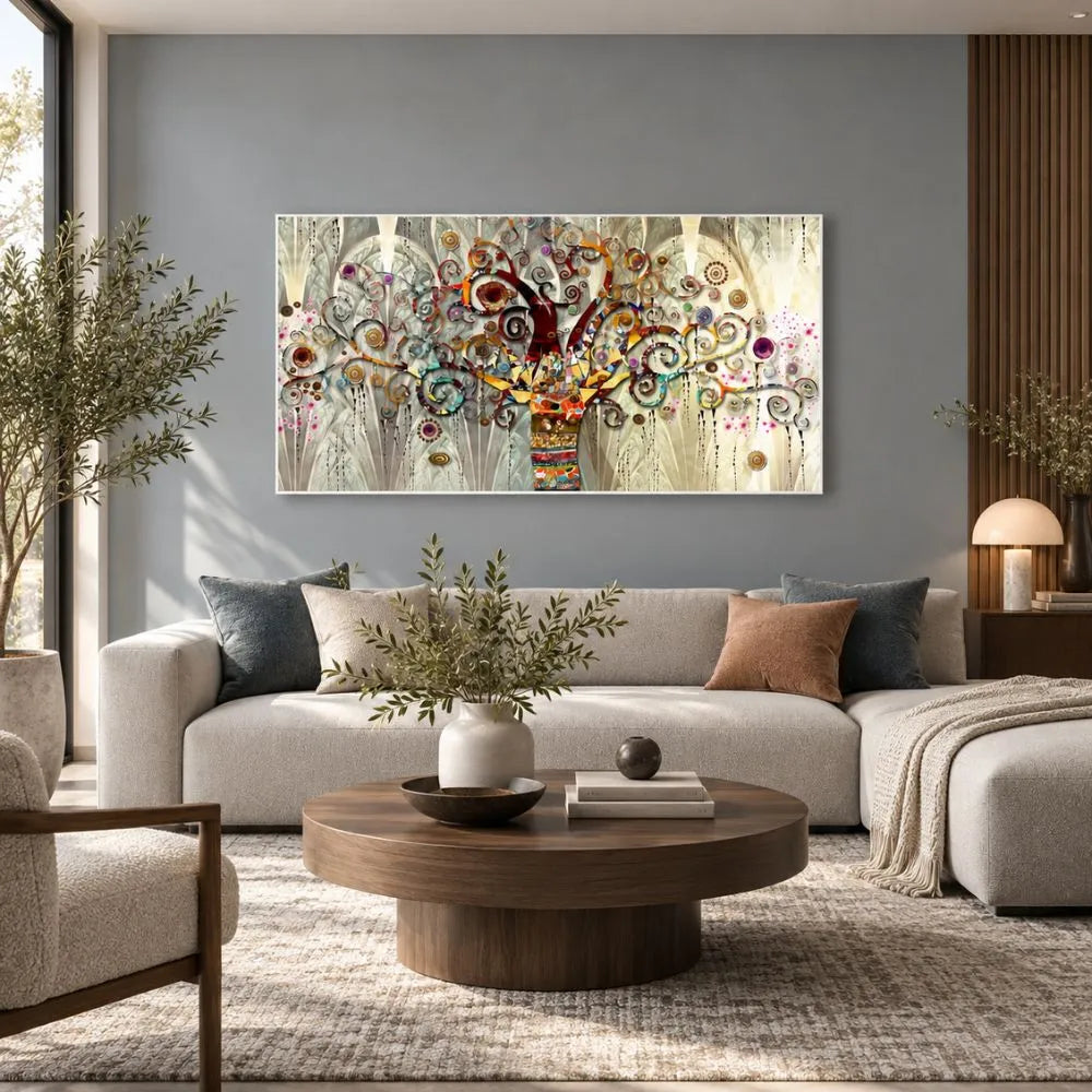 Quadro su tela con cornice bianca Albero della Vita di Klimt, una riproduzione dell'iconico dipinto che unisce oro, natura e simbolismo, ideale per arredamenti eleganti.