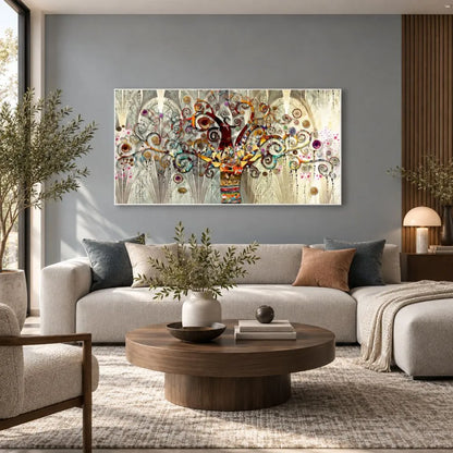 Quadro su tela con cornice bianca Albero della Vita di Klimt, una riproduzione dell'iconico dipinto che unisce oro, natura e simbolismo, ideale per arredamenti eleganti.