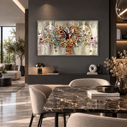 Quadro su tela con cornice argento  Albero della Vita di Klimt, una riproduzione dell'iconico dipinto che unisce oro, natura e simbolismo, ideale per arredamenti eleganti.