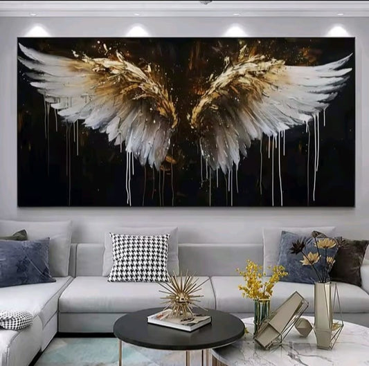 Ali del Destino: quadro ali angelo oro e bianco con effetto vernice colata su sfondo nero. Quadri su tela moderni per un salotto elegante e scenografico.