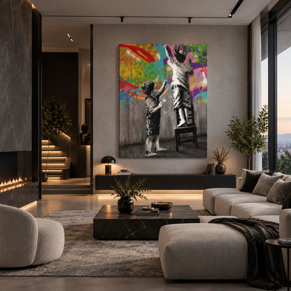 Quadro Amici di Guai con due bambini che dipingono graffiti colorati, stampa su tela street art in soggiorno moderno