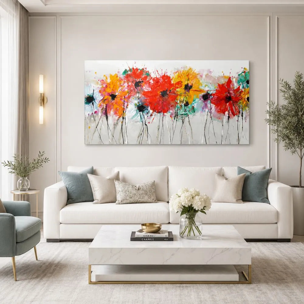 Quadro Armonia Botanica NinaHomeDesign con fiori astratti colorati e cornice oro, ambientato in un salotto moderno ed elegante con arredo chiaro e dettagli raffinati.
