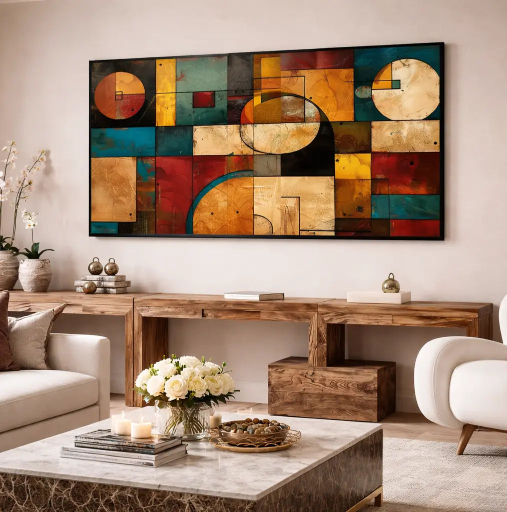 quadro armonia geometrica stampa su tela astratta moderna geometrie colori arredamento soggiorno design