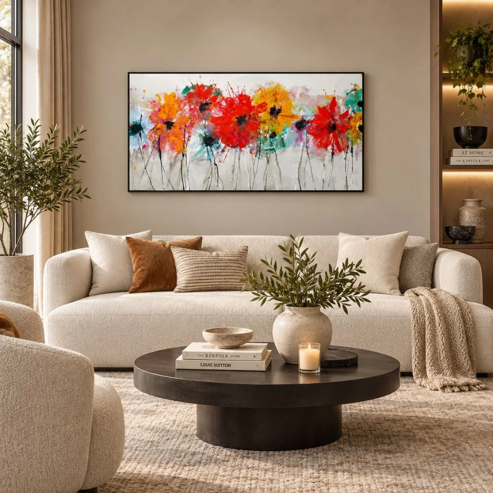 Quadro su tela Armonia Botanica con fiori astratti colorati e cornice nero, ambientato in un salotto moderno ed elegante con arredo chiaro e dettagli raffinati.