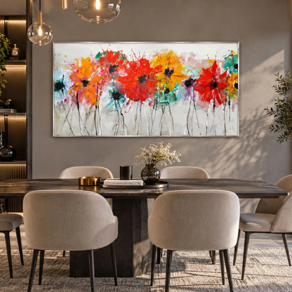 Quadro su tela Armonia Botanica con fiori astratti colorati e cornice argento, ambientato in un salotto moderno ed elegante con arredo chiaro e dettagli raffinati.