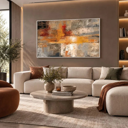 Quadro su tela Astratto Assoluto con cornice bianca minimal e arte astratta moderna nei toni beige, grigio e arancio in soggiorno elegante