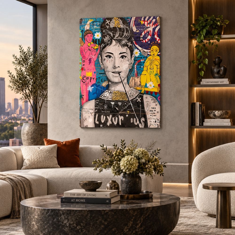 Quadro “Audrey Hepburn Pop Art”: volto dell’attrice reinterpretato in stile pop art su tela.
