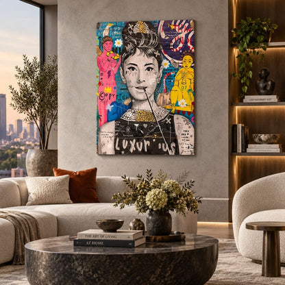 Quadro “Audrey Hepburn Pop Art”: volto dell’attrice reinterpretato in stile pop art su tela.