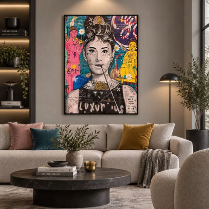 Quadro con cornice nera “Audrey Hepburn Pop Art”: volto dell’attrice reinterpretato in stile pop art su tela.