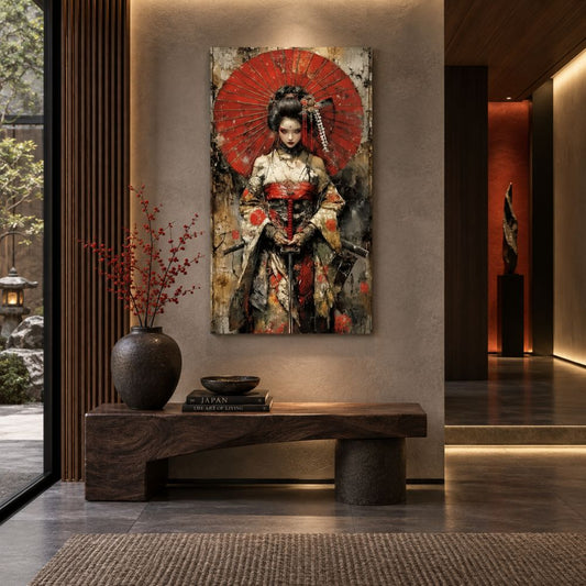 Bellezza Samurai: quadro su tela samurai donna giapponese con armatura decorata e grande ombrello rosso circolare. Quadri su tela orientali con texture materiche.