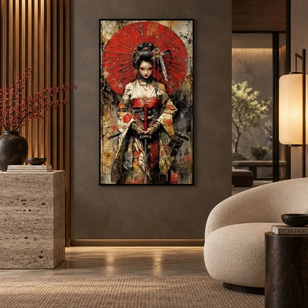 Bellezza Samurai: quadro con cornice nera samurai donna giapponese con armatura decorata e grande ombrello rosso circolare. Quadri su tela orientali con texture materiche.