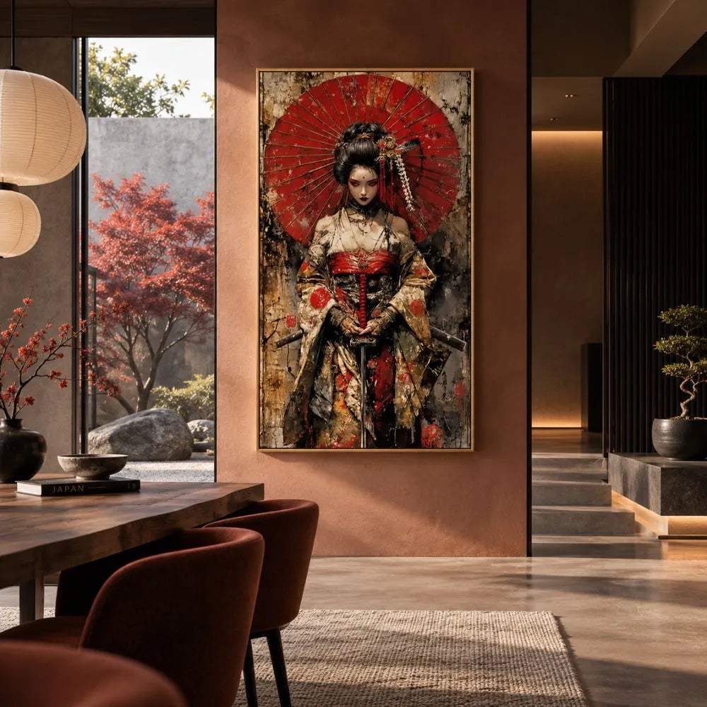 Bellezza Samurai: quadro con cornice oro samurai donna giapponese con armatura decorata e grande ombrello rosso circolare. Quadri su tela orientali con texture materiche.