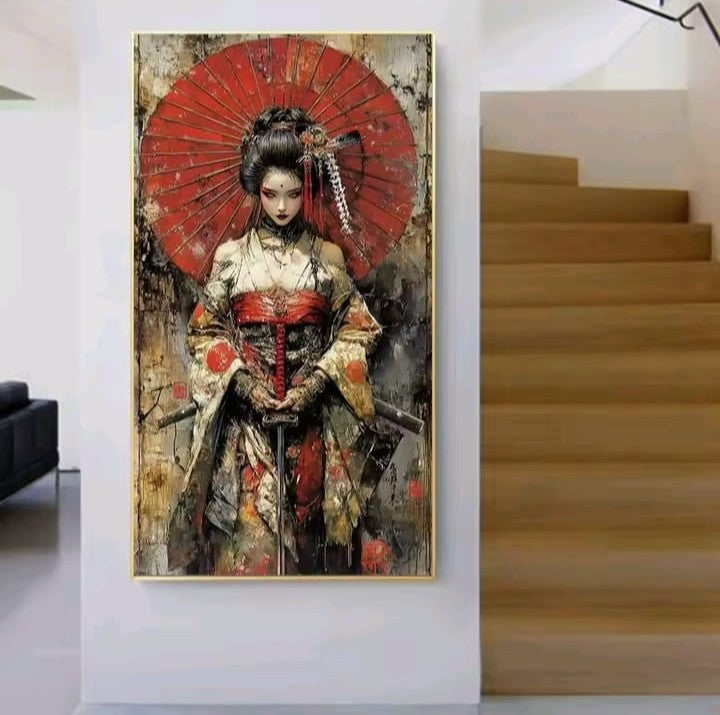 Bellezza Samurai: quadro samurai donna giapponese con armatura decorata e grande ombrello rosso circolare. Quadri su tela orientali con texture materiche.