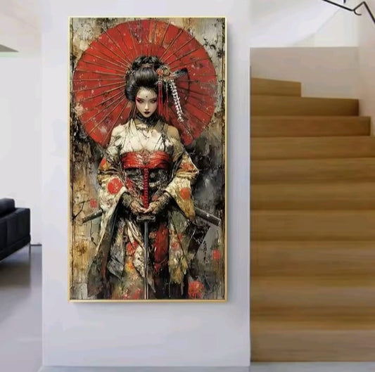 Bellezza Samurai: quadro samurai donna giapponese con armatura decorata e grande ombrello rosso circolare. Quadri su tela orientali con texture materiche.