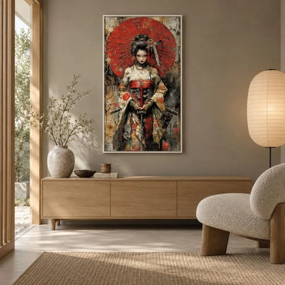 Bellezza Samurai: quadro con cornice bianca samurai donna giapponese con armatura decorata e grande ombrello rosso circolare. Quadri su tela orientali con texture materiche.