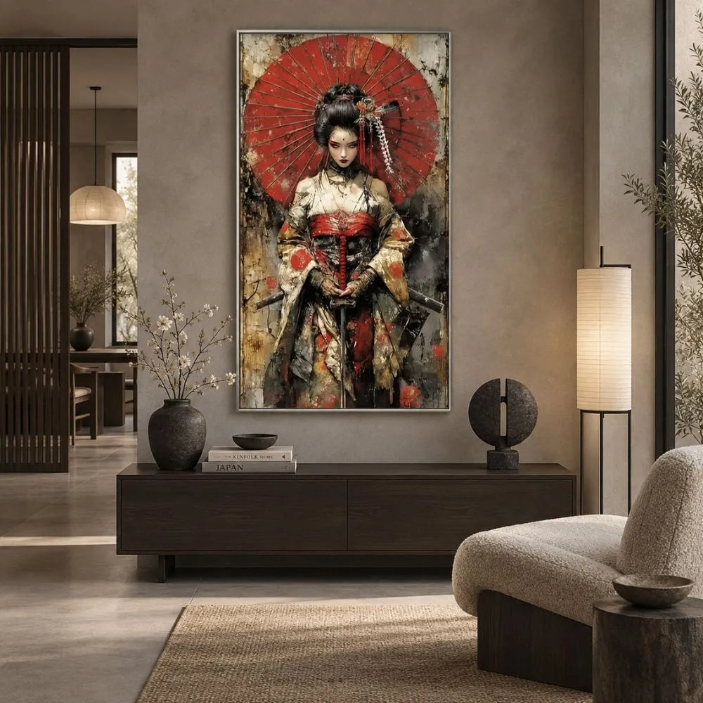 Bellezza Samurai: quadro con cornice argento samurai donna giapponese con armatura decorata e grande ombrello rosso circolare. Quadri su tela orientali con texture materiche.