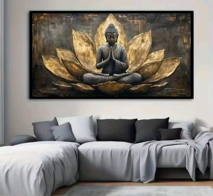 Buddha in Meditazione: quadro Buddha fiore di loto oro con sfondi scuri e texture astratte. Quadri su tela zen moderno per la meditazione e il relax.