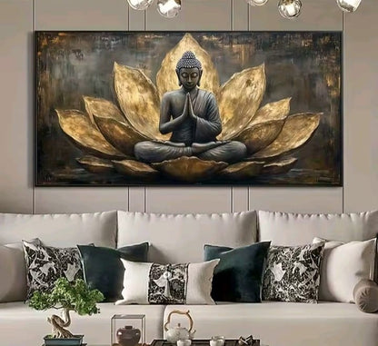 Buddha in Meditazione: quadro Buddha fiore di loto oro con sfondi scuri e texture astratte. Quadri su tela zen moderno per la meditazione e il relax.