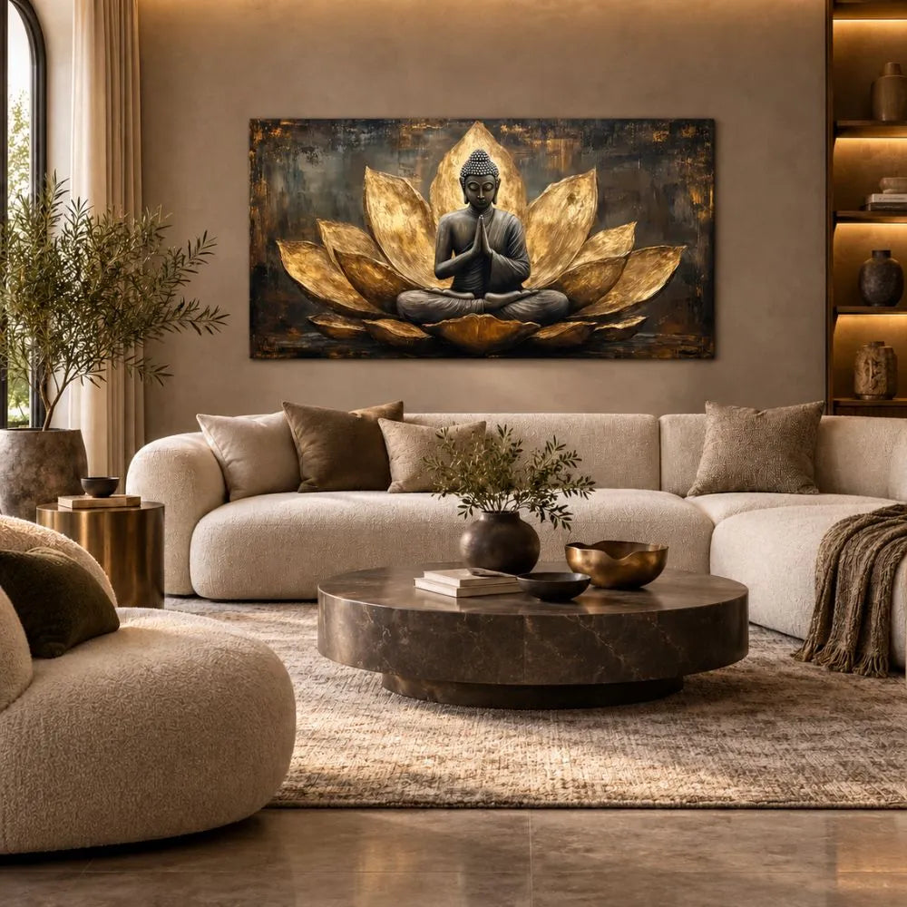 Buddha in Meditazione è un quadro su tela con Buddha e fiore di loto oro con sfondi scuri e texture astratte. Quadri su tela zen moderno per la meditazione e il relax.