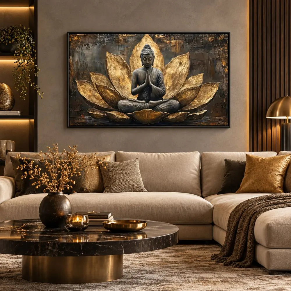 Buddha in Meditazione è un quadro su tela con cornice nera di Buddha e fiore di loto oro con sfondi scuri e texture astratte. Quadri su tela zen moderno per la meditazione e il relax.
