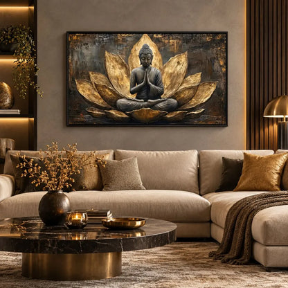 Buddha in Meditazione è un quadro su tela con cornice nera di Buddha e fiore di loto oro con sfondi scuri e texture astratte. Quadri su tela zen moderno per la meditazione e il relax.