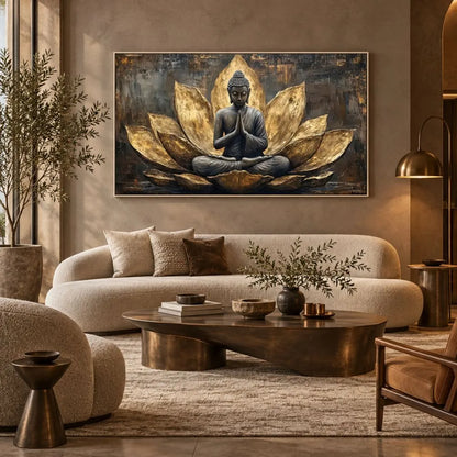 Buddha in Meditazione è un quadro su tela con cornice bianca di Buddha e fiore di loto oro con sfondi scuri e texture astratte. Quadri su tela zen moderno per la meditazione e il relax.