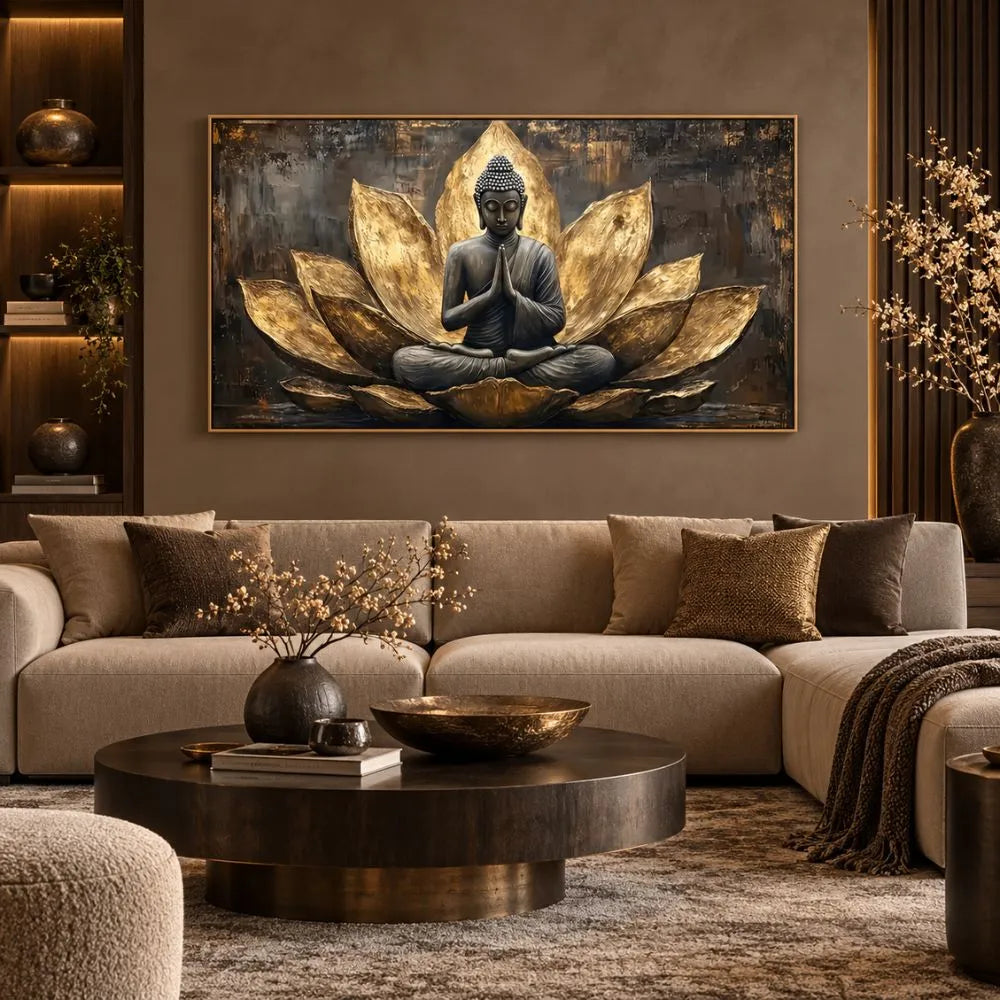 Buddha in Meditazione è un quadro su tela con cornice oro di Buddha e fiore di loto oro con sfondi scuri e texture astratte. Quadri su tela zen moderno per la meditazione e il relax.