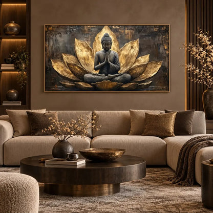 Buddha in Meditazione è un quadro su tela con cornice oro di Buddha e fiore di loto oro con sfondi scuri e texture astratte. Quadri su tela zen moderno per la meditazione e il relax.