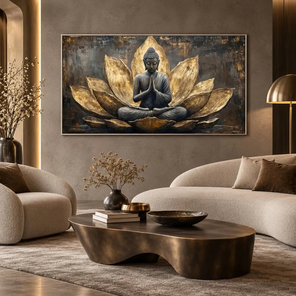 Buddha in Meditazione è un quadro su tela con cornice argento di Buddha e fiore di loto oro con sfondi scuri e texture astratte. Quadri su tela zen moderno per la meditazione e il relax.