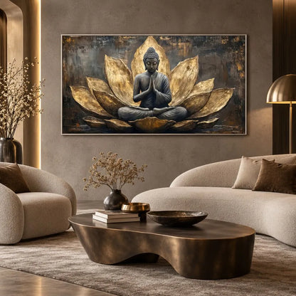 Buddha in Meditazione è un quadro su tela con cornice argento di Buddha e fiore di loto oro con sfondi scuri e texture astratte. Quadri su tela zen moderno per la meditazione e il relax.