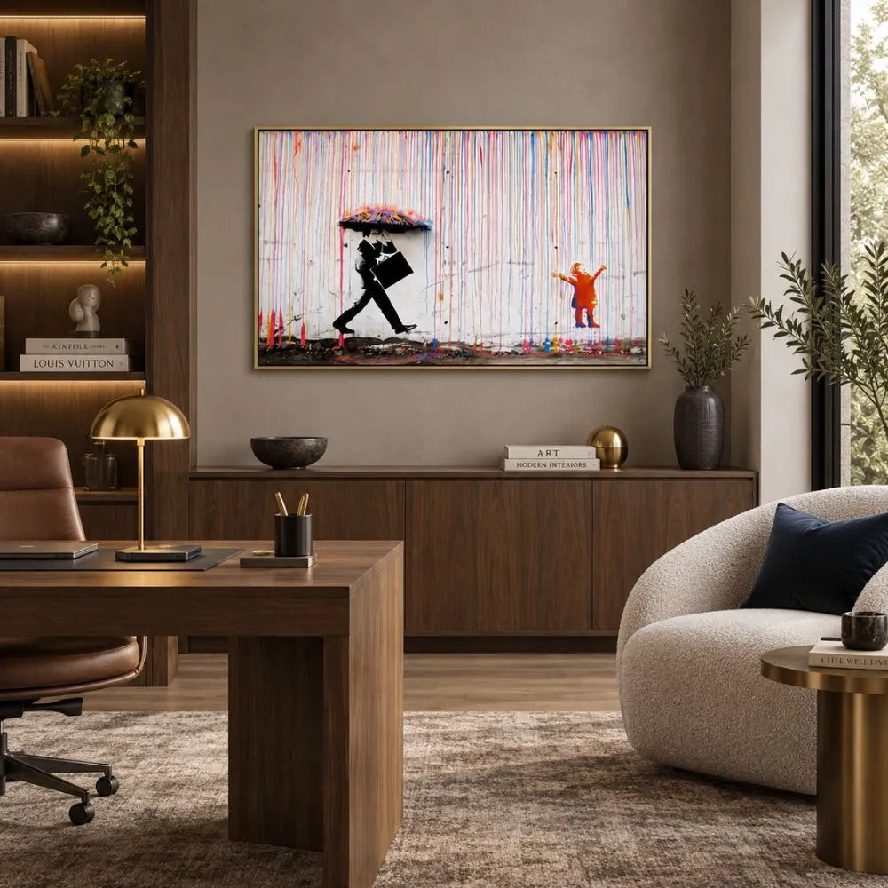 Businessman Under the Rain Banksy: quadro con cornice oro street art con un uomo d'affari sotto la pioggia colorata. Stampa su tela graffiti moderna e provocatoria, perfetta per arredo contemporaneo.