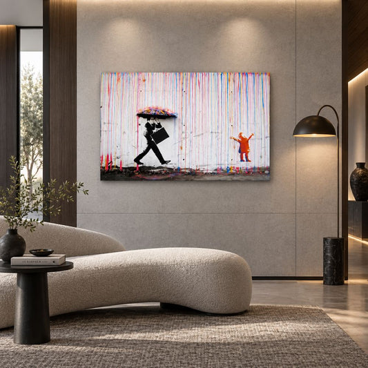 Businessman Under the Rain Banksy: quadro street art con un uomo d'affari sotto la pioggia colorata. Stampa su tela graffiti moderna e provocatoria, perfetta per arredo contemporaneo.