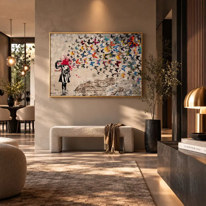 Quadro su tela con cornice oro di Banksy, riproduzione della bambina che si spara alla testa, trasformando il colpo in un’esplosione di farfalle colorate. Quadro urban e simbolico.