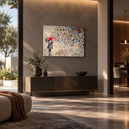 Quadro su tela di Banksy, riproduzione della bambina che si spara alla testa, trasformando il colpo in un’esplosione di farfalle colorate. Quadro urban e simbolico.
