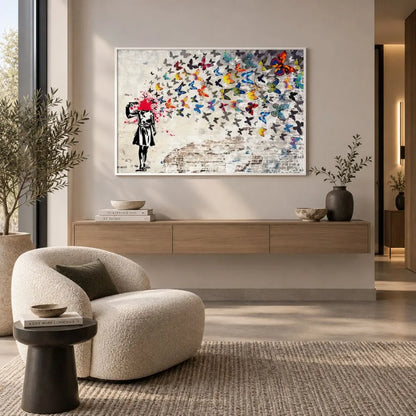 Quadro su tela con cornice bianca di Banksy, riproduzione della bambina che si spara alla testa, trasformando il colpo in un’esplosione di farfalle colorate. Quadro urban e simbolico.