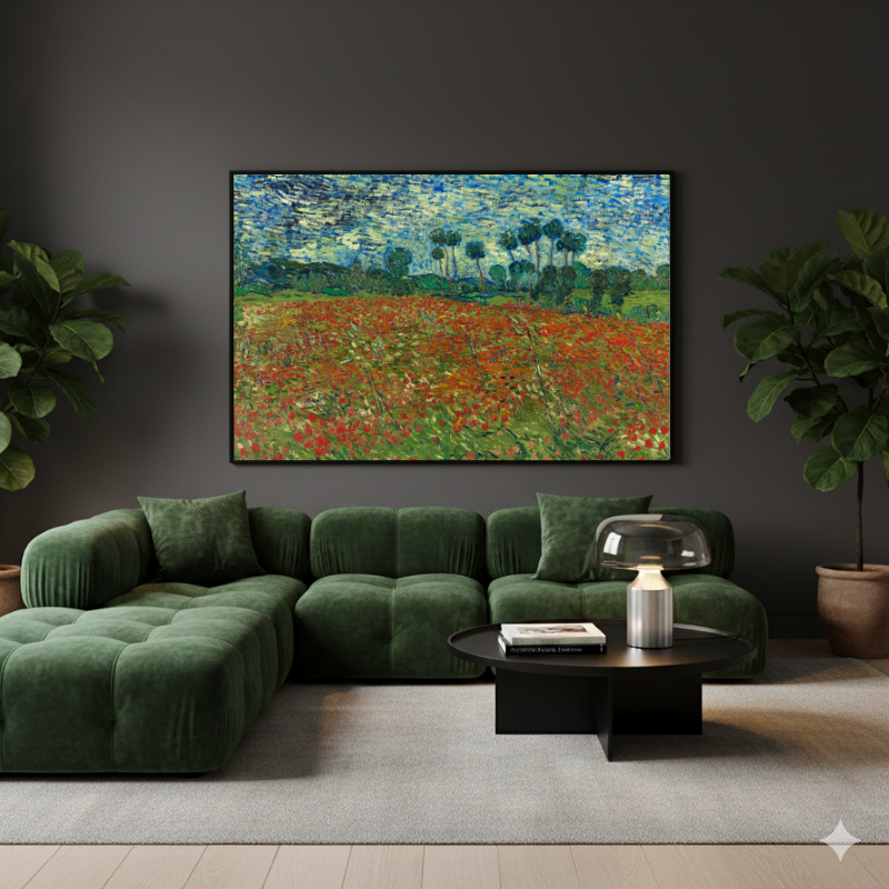 Campo di Papaveri Van Gogh in formato orizzontale, un quadro su tela fiori che esalta i colori vibranti e le pennellate intense del quadro Post-Impressionismo.