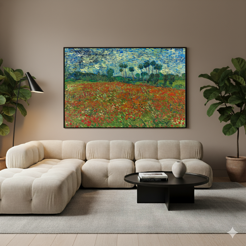 Campo di Papaveri Van Gogh in formato orizzontale, un quadro su tela fiori che esalta i colori vibranti e le pennellate intense del quadro Post-Impressionismo.