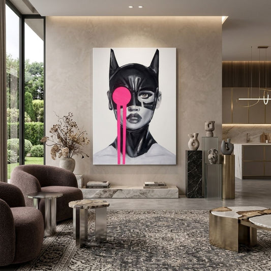Catwoman Pop Art quadro moderno su tela con donna mascherata in bianco e nero e dettaglio rosa per soggiorno moderno